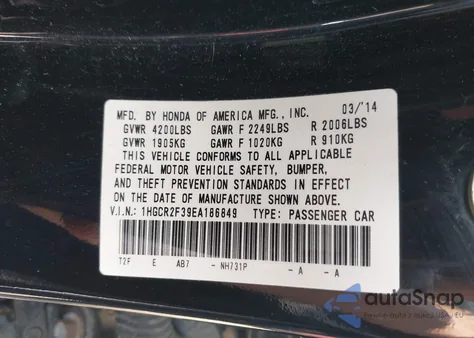 2014 Honda Accord Lx z USA, uszkodzony, nr VIN 1HGCR2F39EA186849